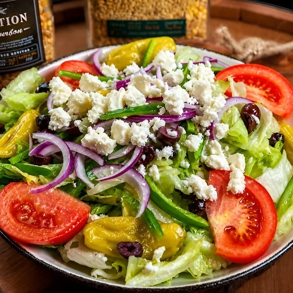 Fresh Greek salad with lettuce, tomatoes, red onions, olives, peppers, and feta cheese.