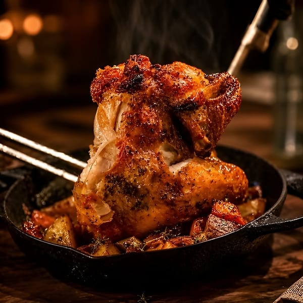 Steaming, golden brown roasted chicken with potatoes and herbs in a cast iron pan.
