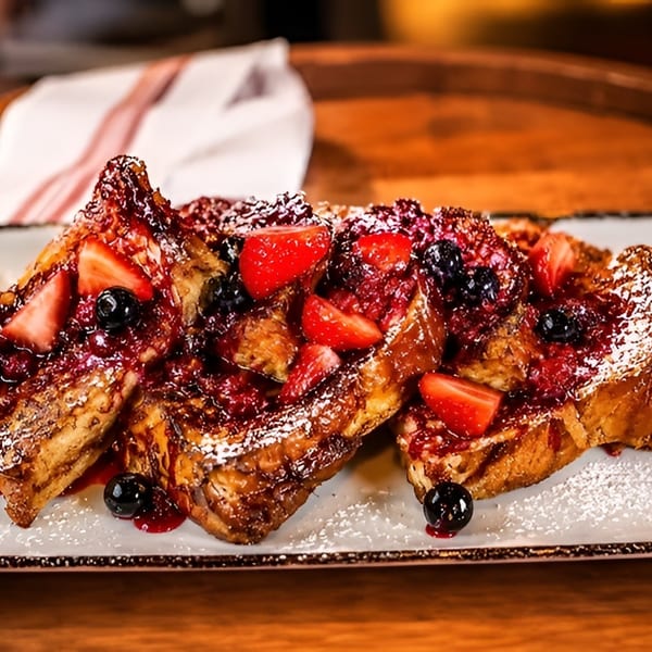 Golden French toast slices generously covered with fresh berries, berry sauce, and powdered sugar.