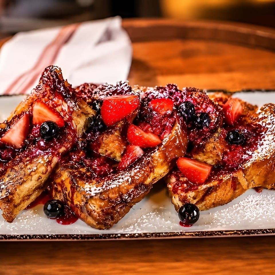 Golden French toast slices generously covered with fresh berries, berry sauce, and powdered sugar.