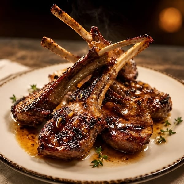 Hot, glazed lamb chops with fresh thyme sprigs on a rustic plate.