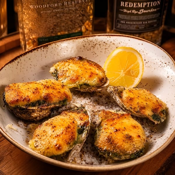 Baked oysters with a lemon wedge on a bed of salt, with whiskey bottles in the background.