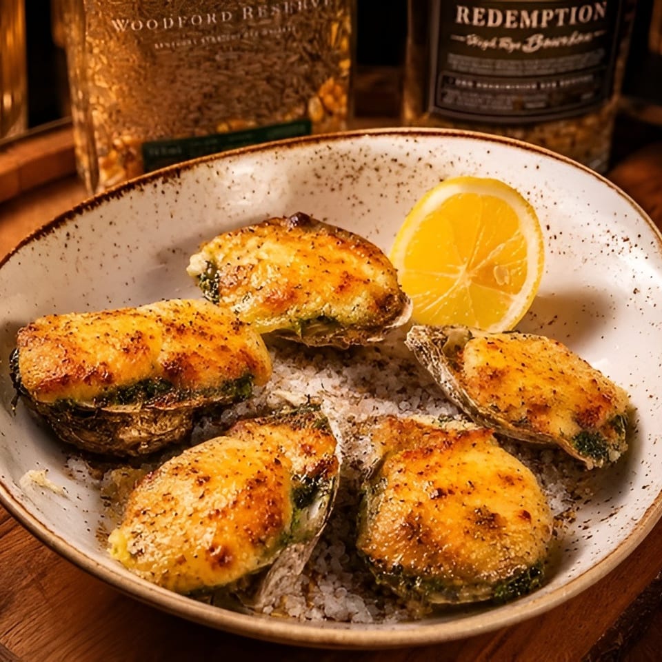 Baked oysters with a lemon wedge on a bed of salt, with whiskey bottles in the background.