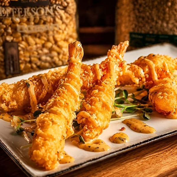 Crispy fried shrimp drizzled with creamy sauce and fresh greens on a white plate.